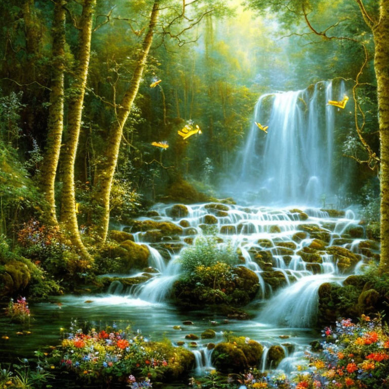 Serene forest waterfall with sunbeams, flowers, and butterflies