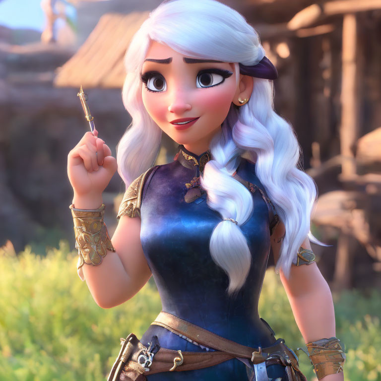 White-haired female character in blue outfit with golden accessories holding an arrow.