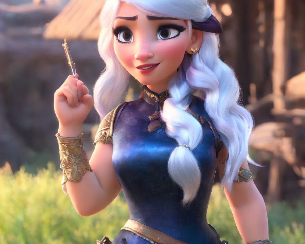 White-haired female character in blue outfit with golden accessories holding an arrow.