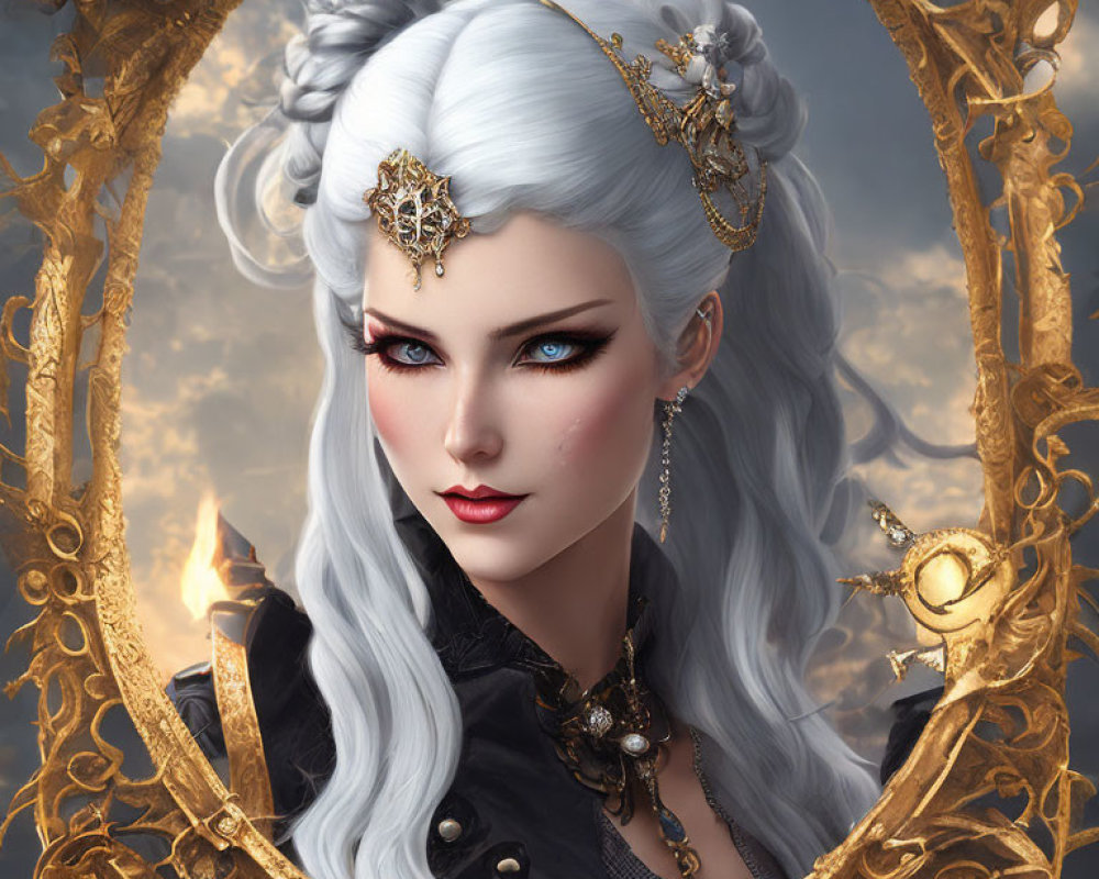 Portrait of Woman with Silver Hair and Striking Makeup in Ornate Golden Mirror