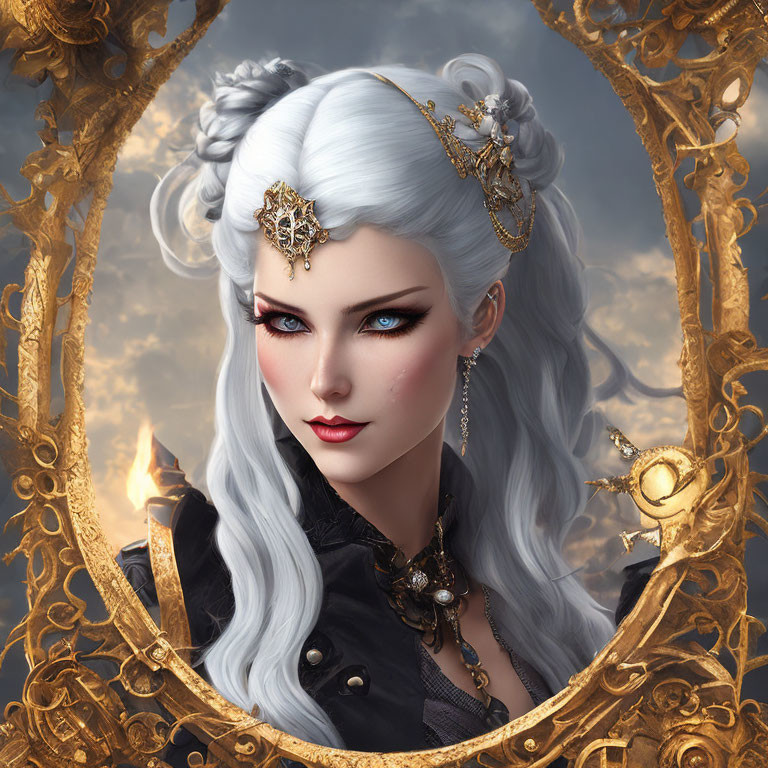 Portrait of Woman with Silver Hair and Striking Makeup in Ornate Golden Mirror