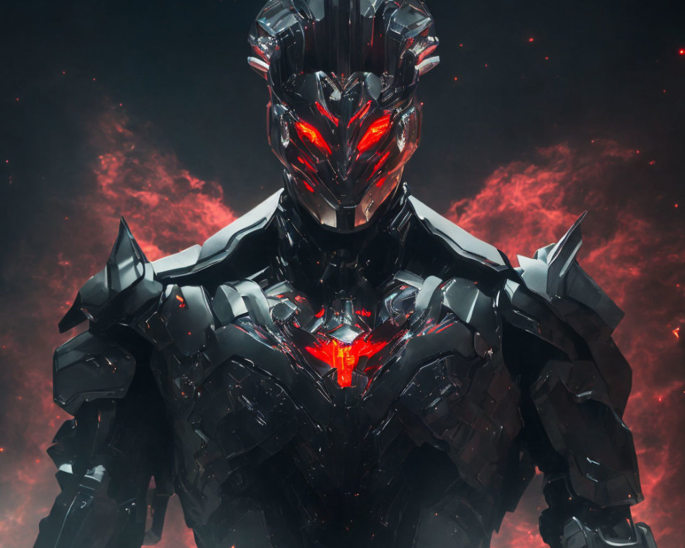 Menacing robotic figure with glowing red eyes and chest piece against red clouds