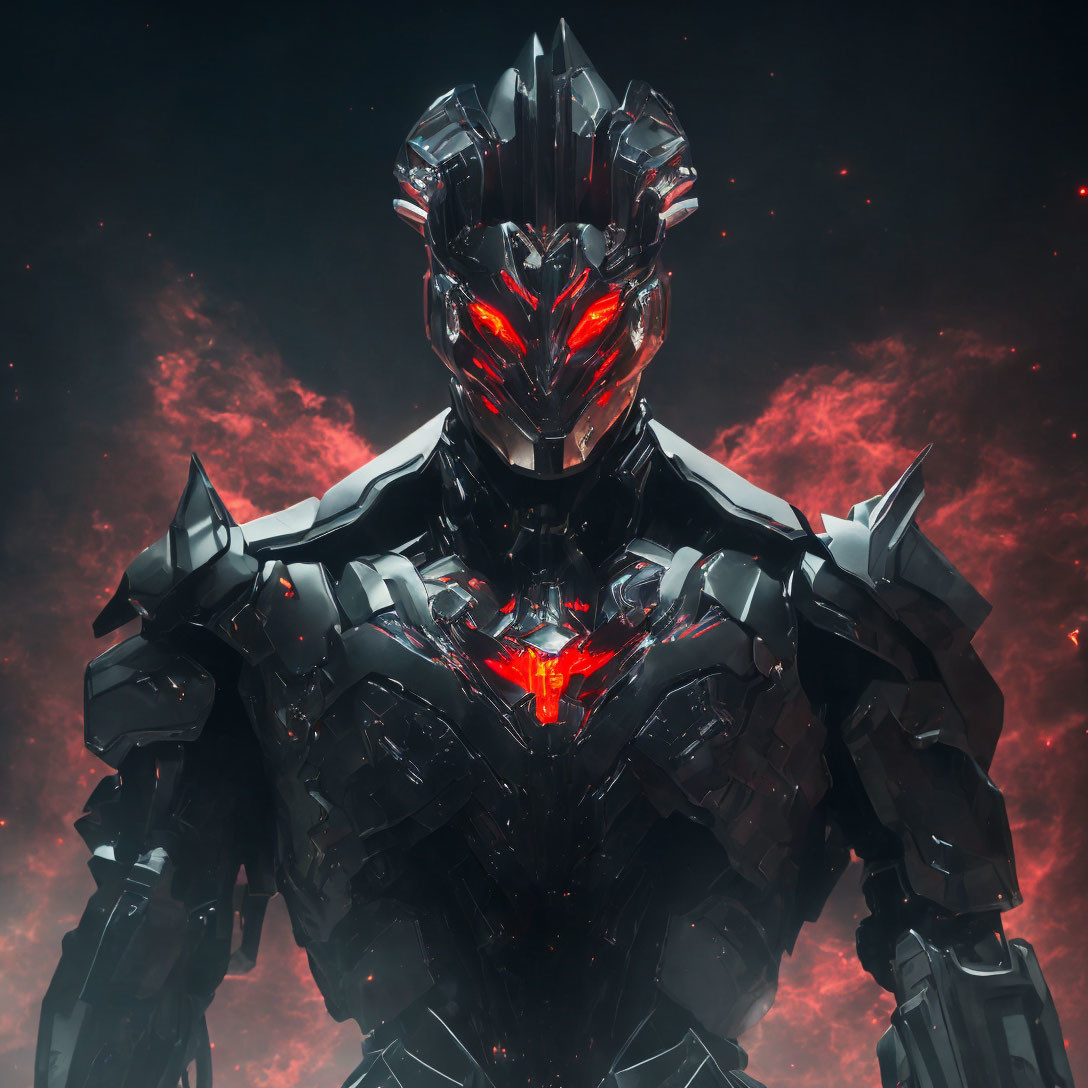 Menacing robotic figure with glowing red eyes and chest piece against red clouds