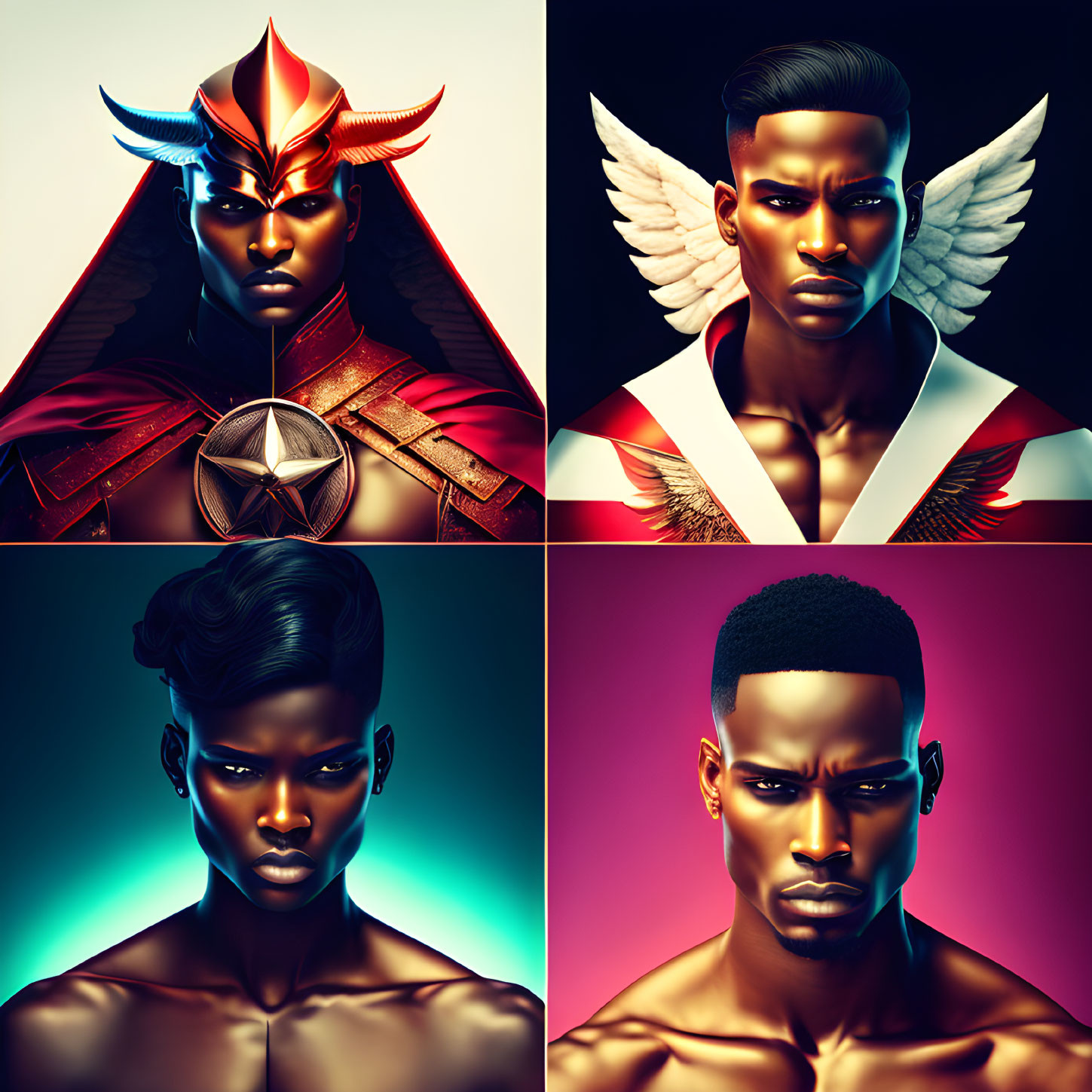 Four stylized fantasy-themed portraits with unique accessories.