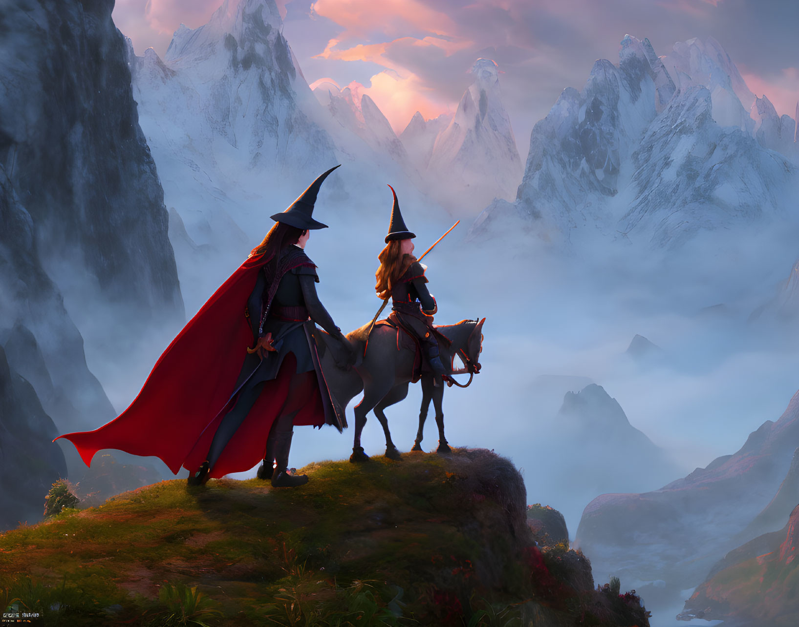 Cloaked Figure and Pointy-Hatted Individual in Mystical Mountain Landscape at Sunset