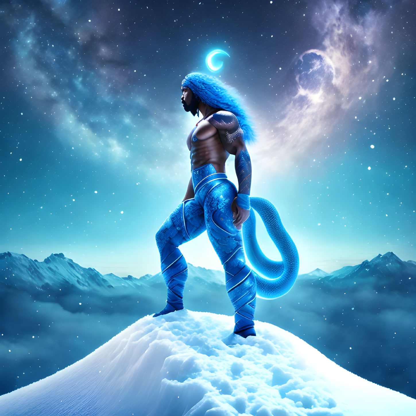 Warrior in Blue Armor on Snowy Peak under Starry Sky