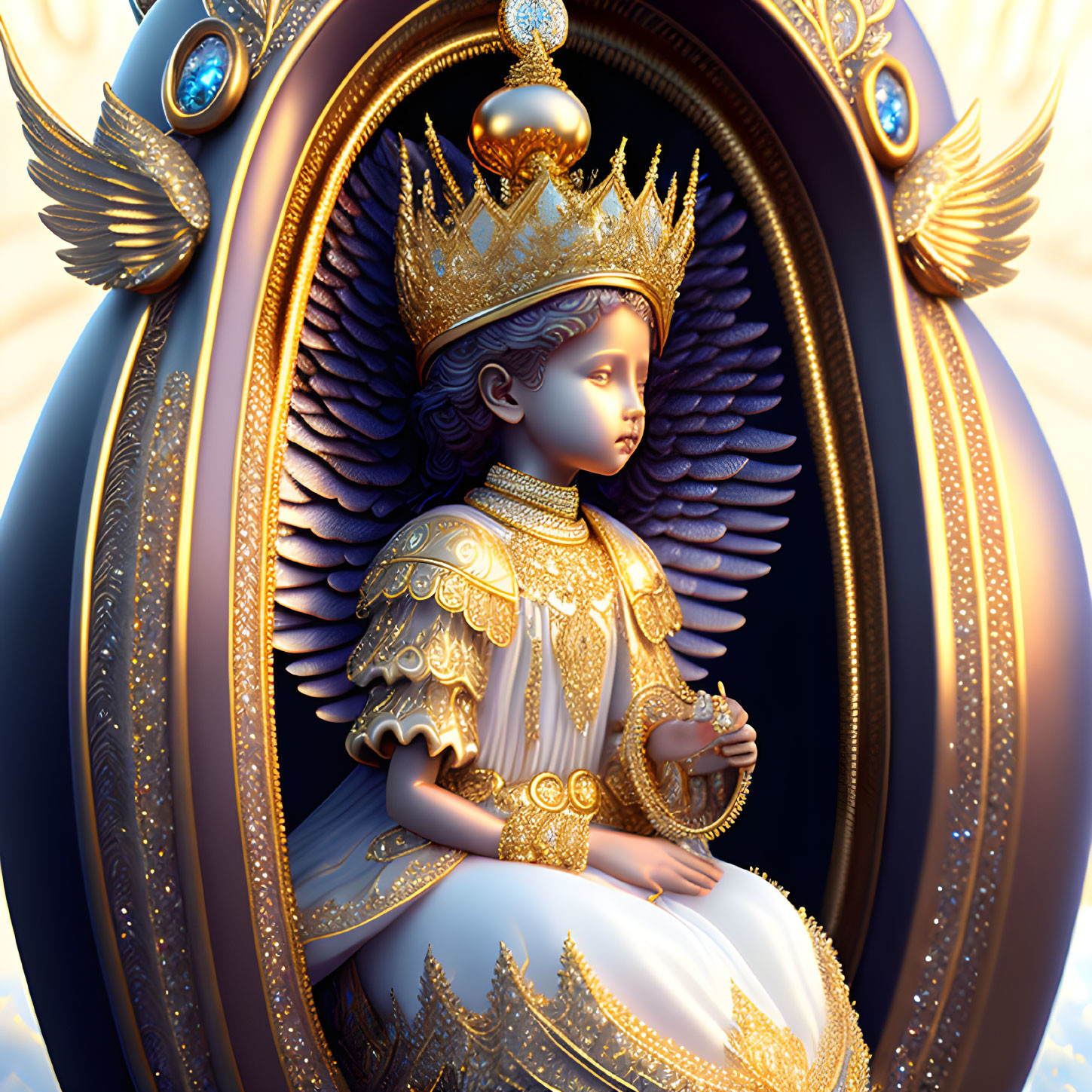 Golden-winged child figure in ornate attire - 3D illustration