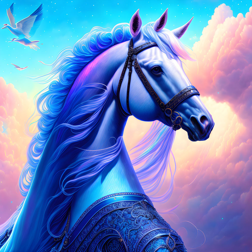 Colorful digital artwork: Blue horse with flowing mane in pink and blue sky