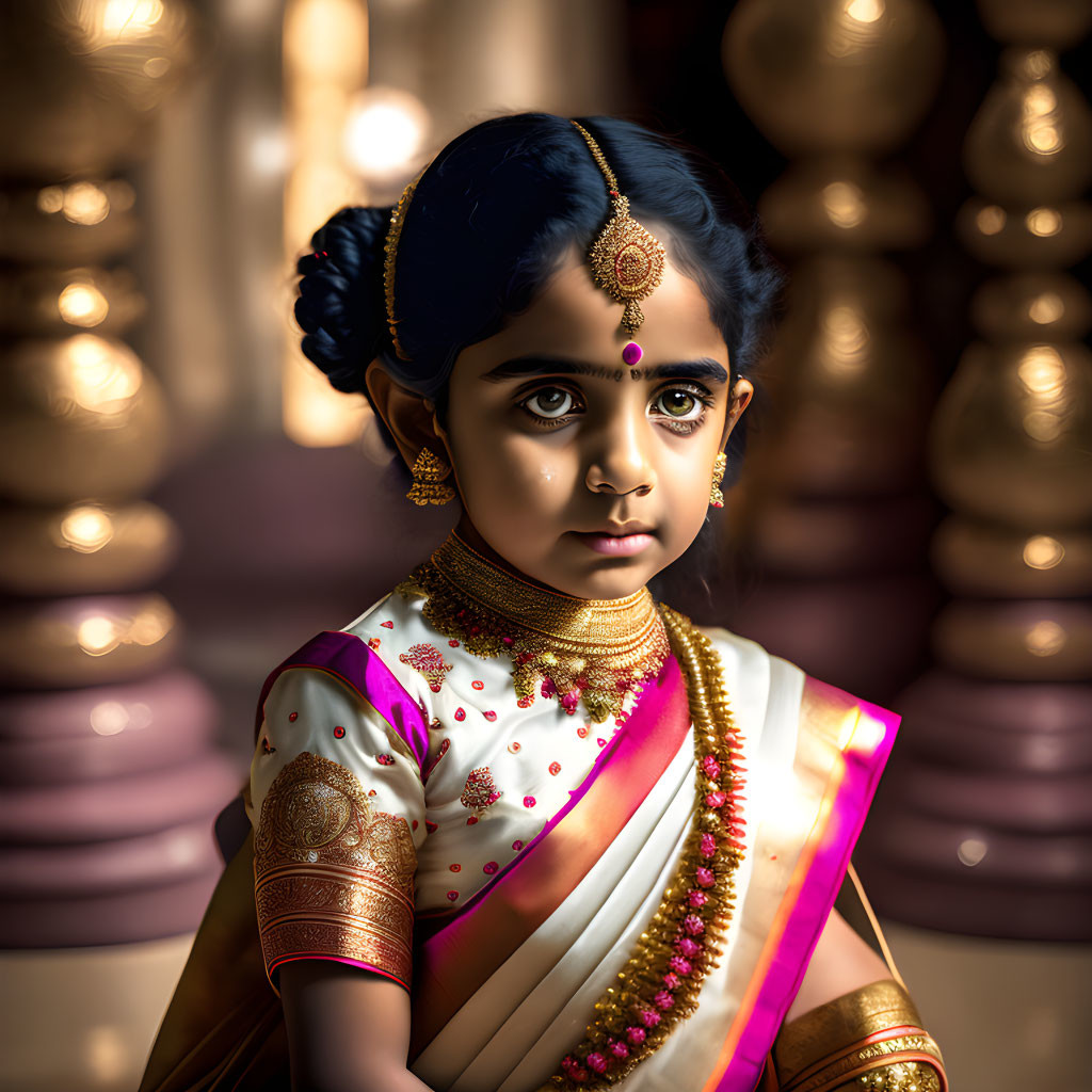 Traditional Indian Attire: Young Girl with Gold Jewelry & Intricate Hairstyle