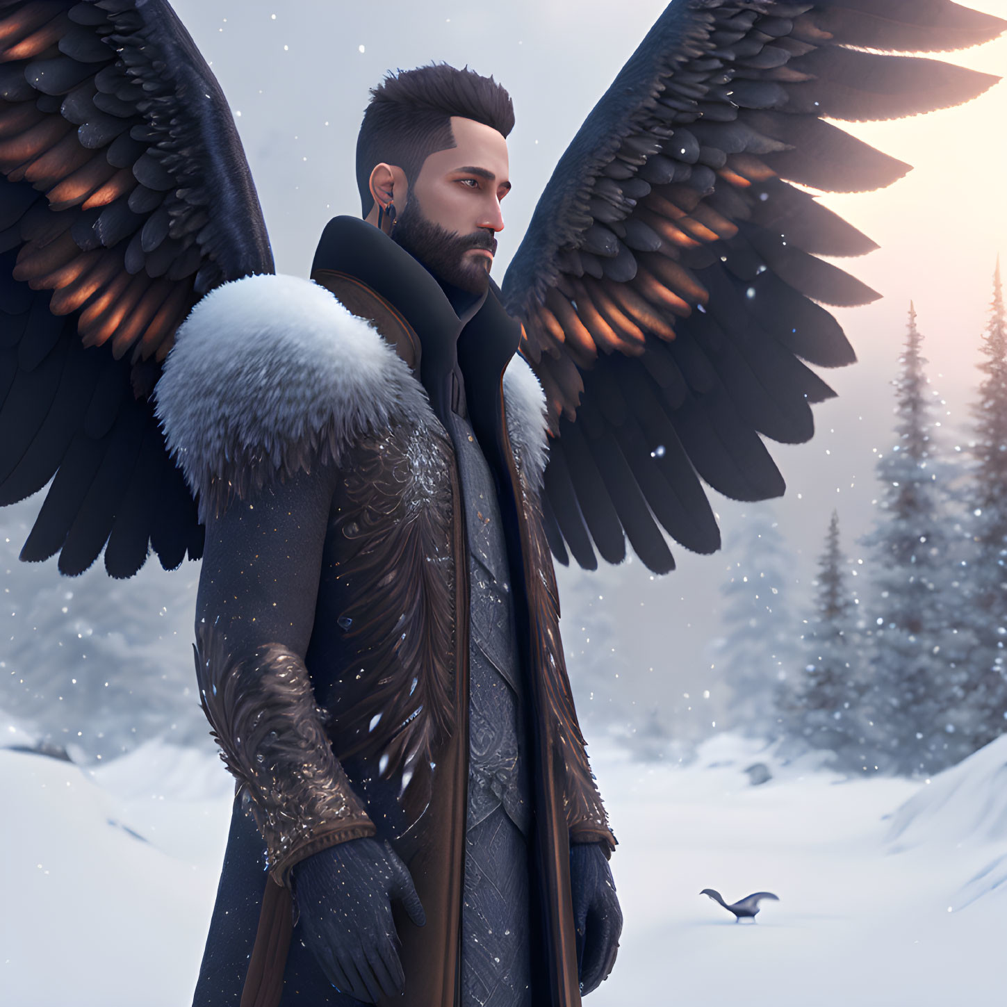 Man with dark hair, beard, black wings in snowy landscape with pine trees and flying bird.