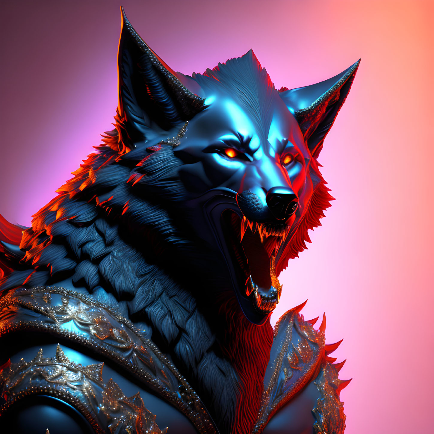 Colorful digital artwork: Snarling wolf in blue fur with orange accents and metallic armor on gradient