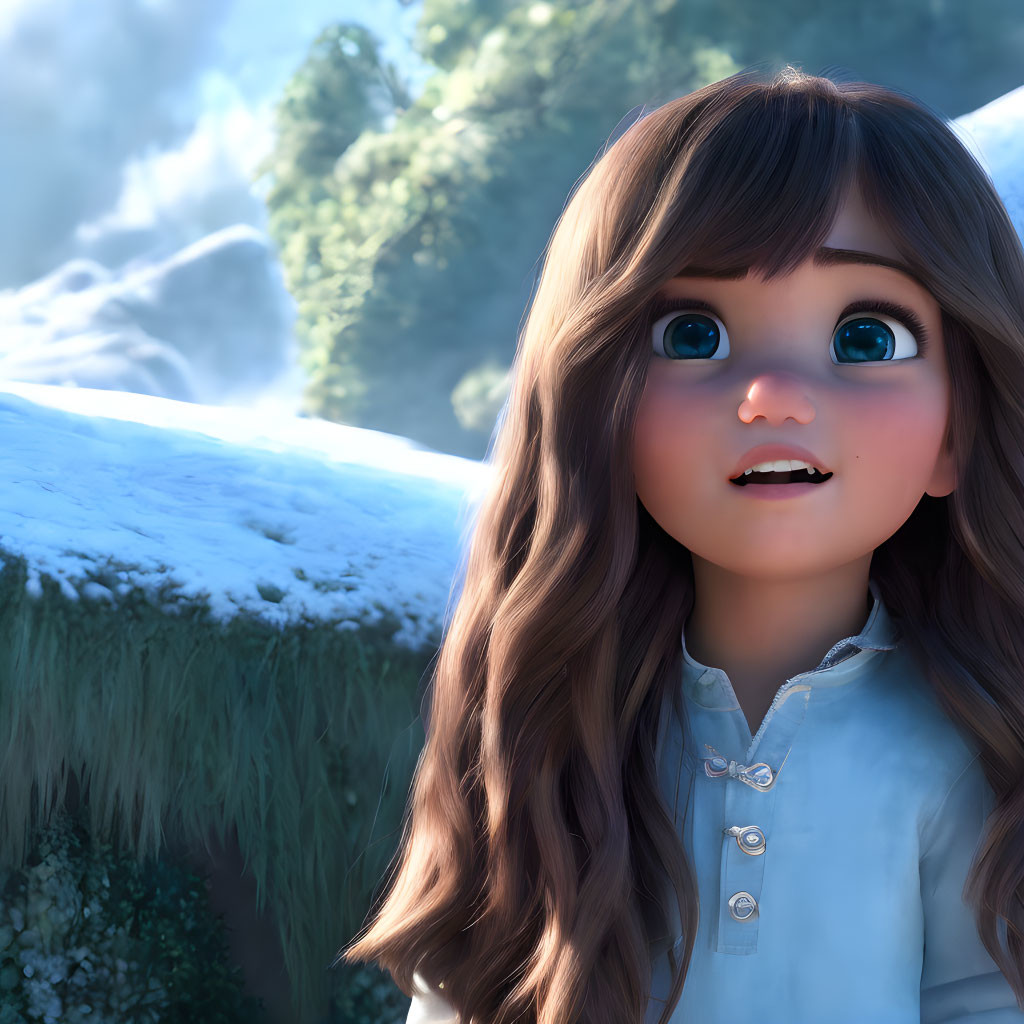 Brown-haired girl with blue eyes in snowy landscape gazing upwards