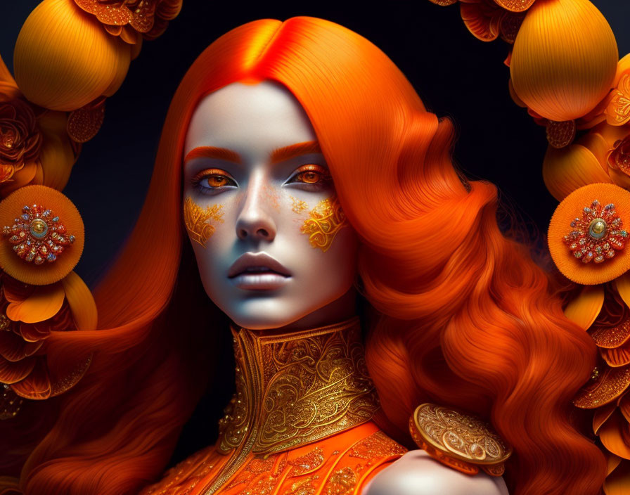 Vibrant orange hair and golden floral makeup fantasy portrait.