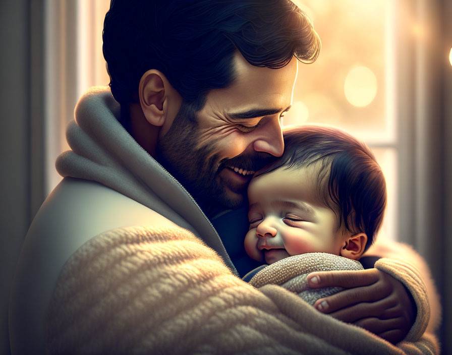 Smiling man with sleeping baby in warm sunlight