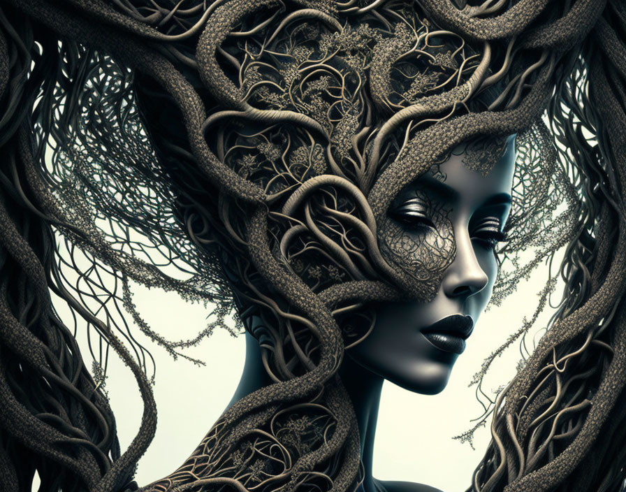 Digital artwork: Woman's profile with intricate tree branches forming elegant hair structure