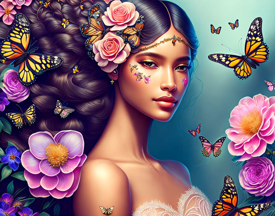 Colorful digital artwork: Woman adorned with flowers and butterflies in hair