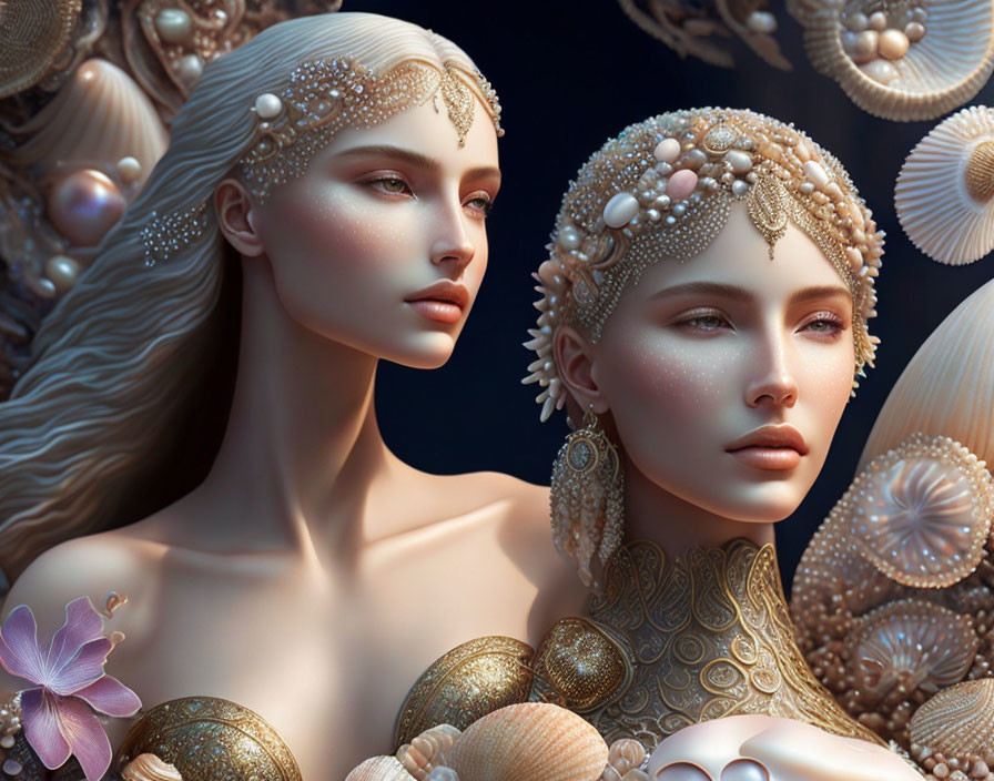 Ethereal female figures with ornate jewelry and headdresses amidst decorative orbs and a flower.