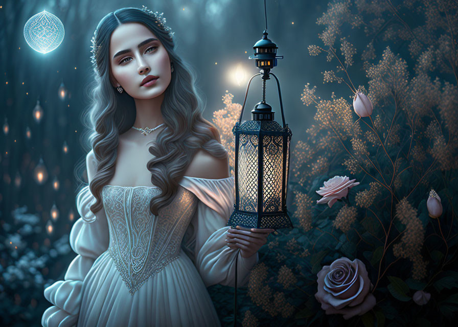 Woman in white dress with lantern in magical night garden & glowing flowers