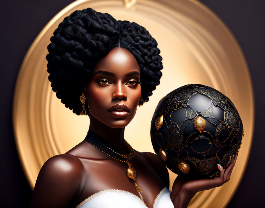 Intricate Hairstyles Portrait with Sphere on Golden Background