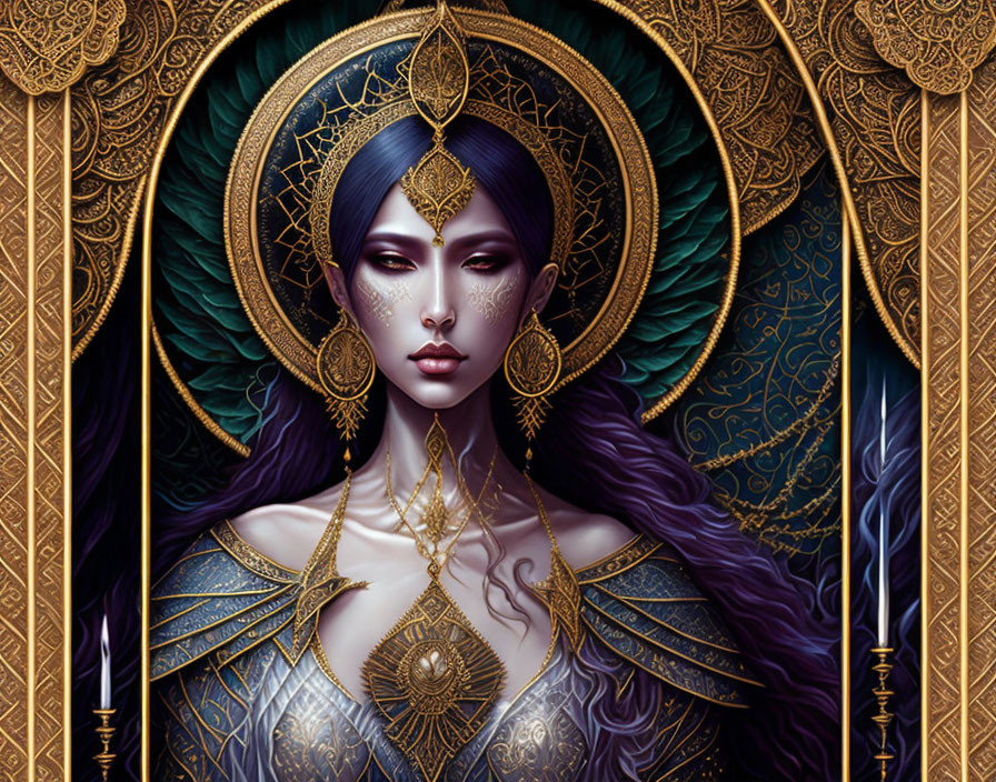 Illustrated female character with purple hair and gold jewelry on ornate golden background