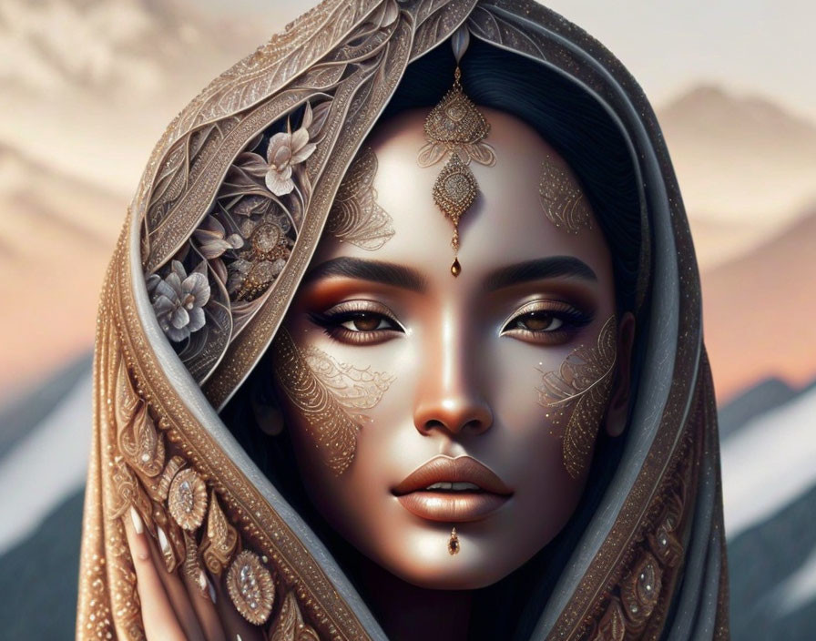 Digital artwork: Woman with gold patterns, floral headscarf in desert