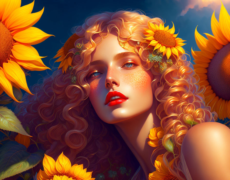 Vibrant digital portrait of woman with golden curly hair and sunflowers