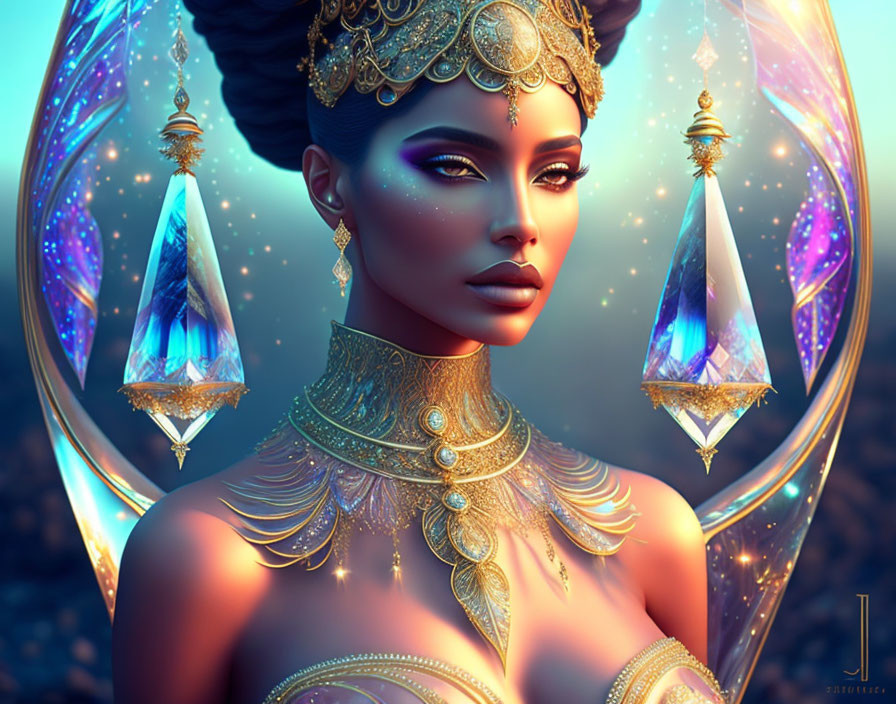 Illustration: Woman adorned with golden jewelry and headdress, surrounded by luminescent crystals on a