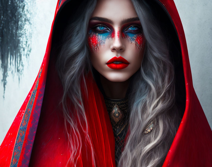 Blue-eyed woman in red makeup under red cloak, icy background