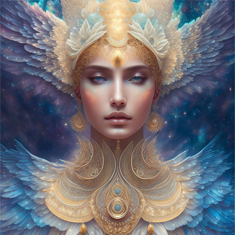 Celestial being in golden armor with feathered wings on starry background