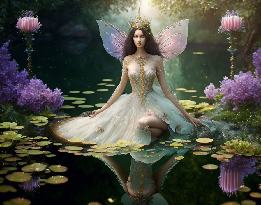 Fantasy illustration of a fairy with translucent wings in a water garden