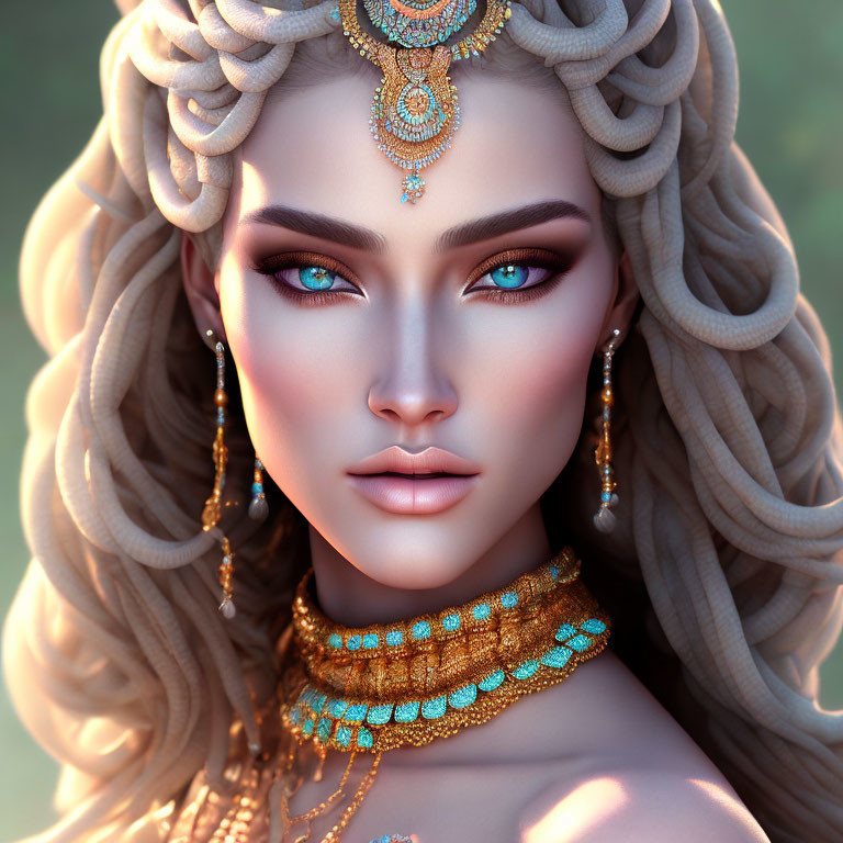 Detailed portrait of woman with turquoise eyes, gold jewelry, and braided hair