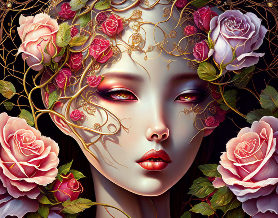 Female face with pink roses and gold filigree on dark background