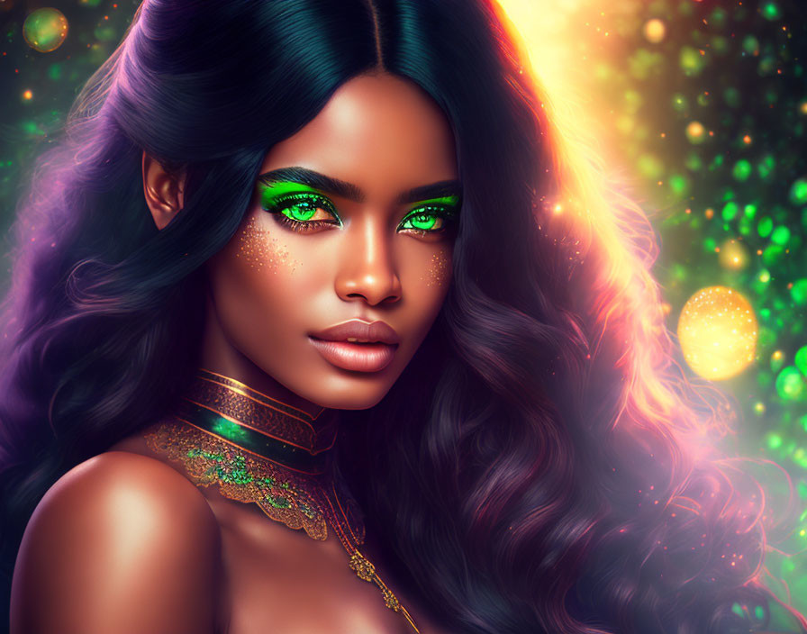 Digital artwork featuring a woman with vibrant green eyes and wavy hair