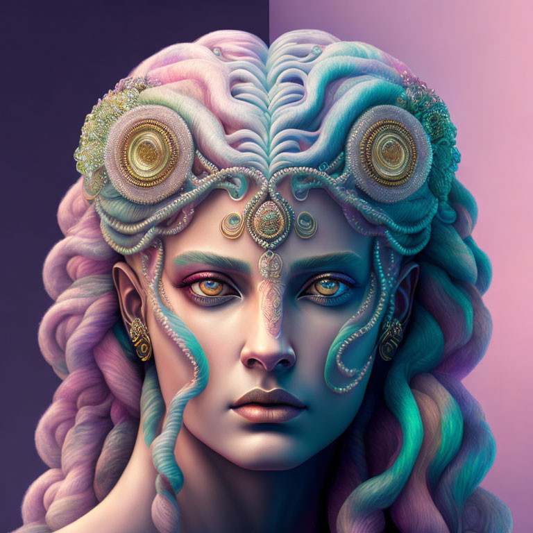 Elaborate Pastel-Colored Hair Fantasy Portrait in Split Pink and Purple Backdrop