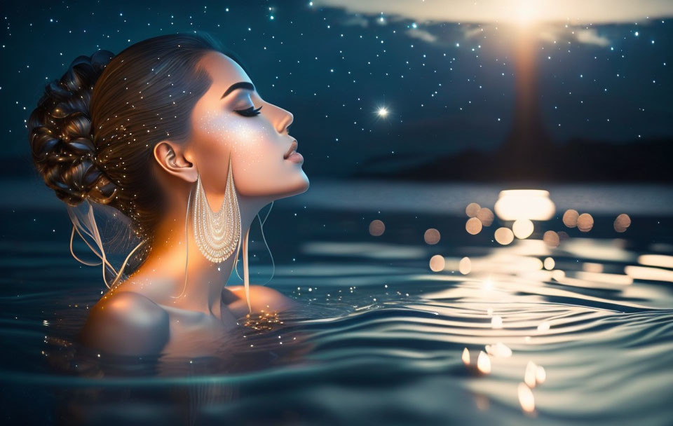 Woman submerged in twilight water with lighthouse beam and stars.