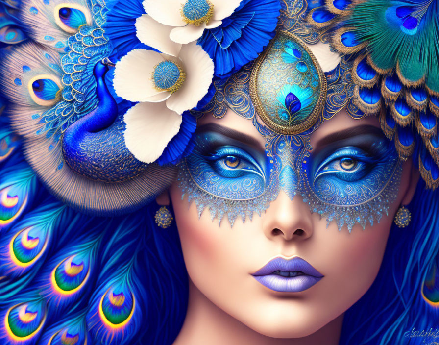 Colorful digital artwork: Woman with peacock feather motifs in blue palette