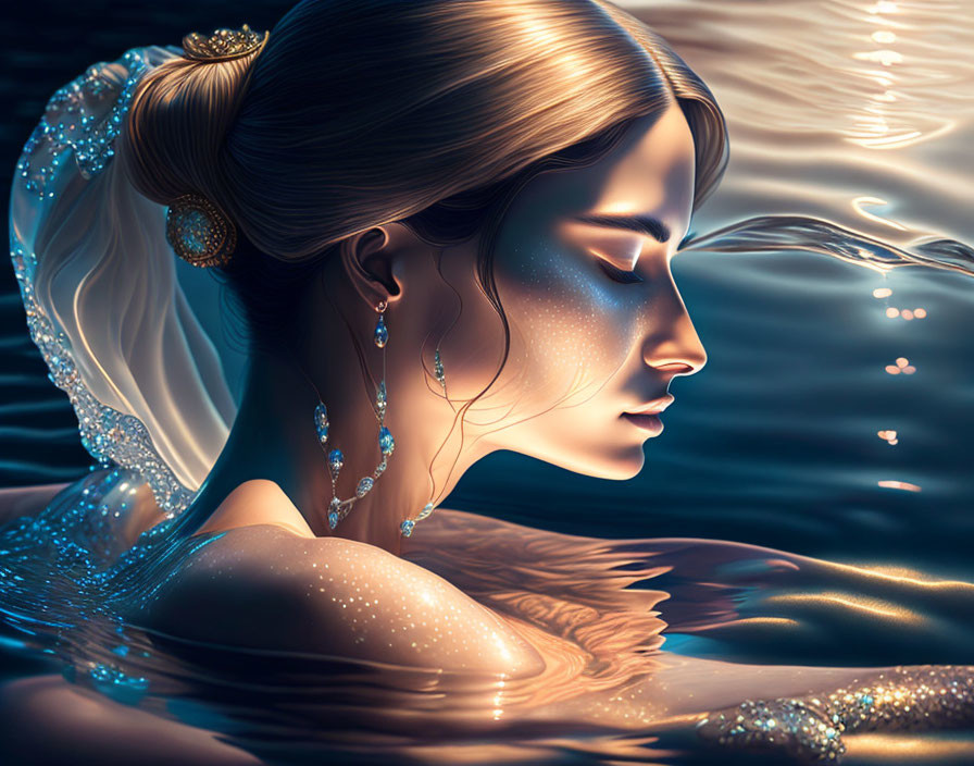 Digital artwork features woman with star-like complexion submerged in water.