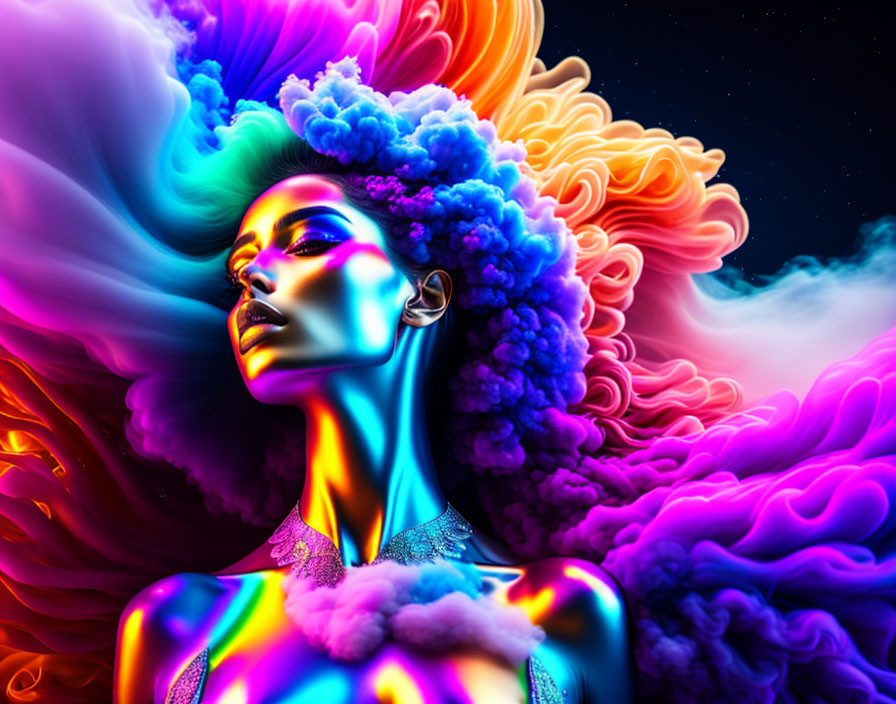 Colorful digital artwork: Woman with neon cloud hair