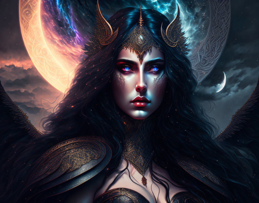 Fantasy Artwork: Mystical Female Figure with Horned Headgear and Celestial Sky