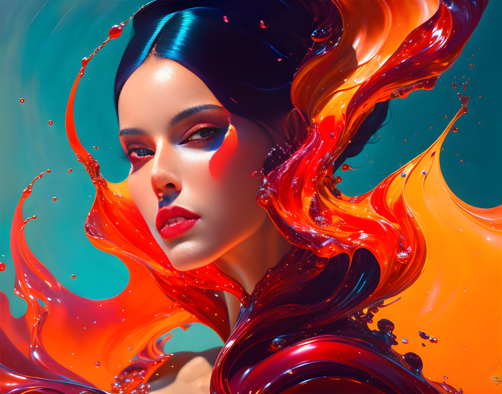 Blue-haired woman in swirling orange and red liquid on teal background