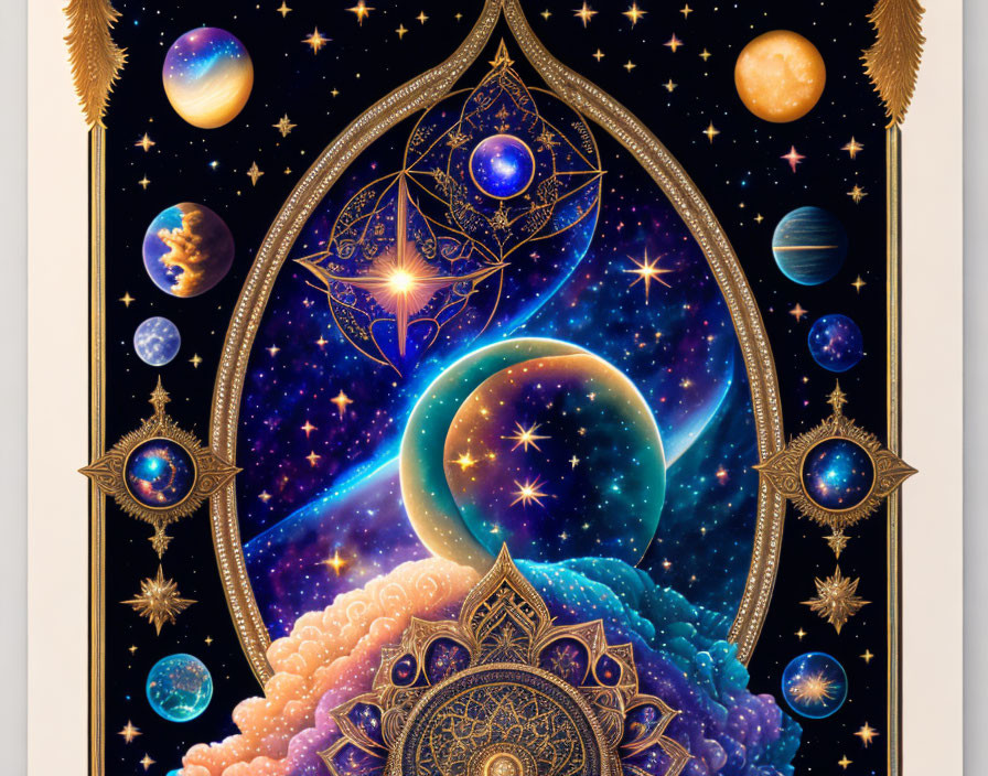 Colorful Cosmic Illustration with Celestial Bodies and Geometric Shapes