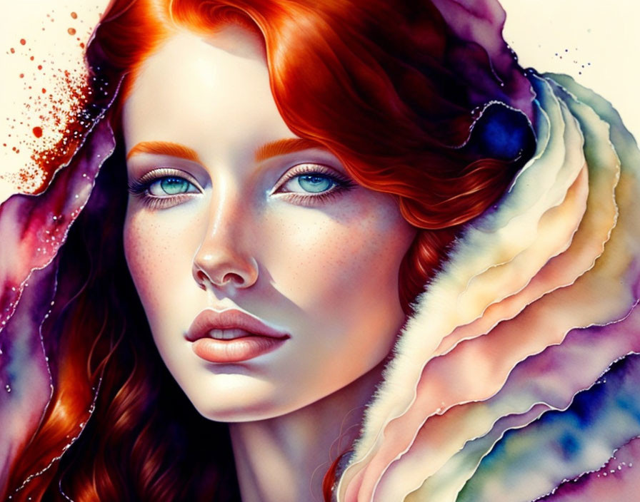 Woman with Red Hair and Blue Eyes in Abstract Watercolor Surroundings