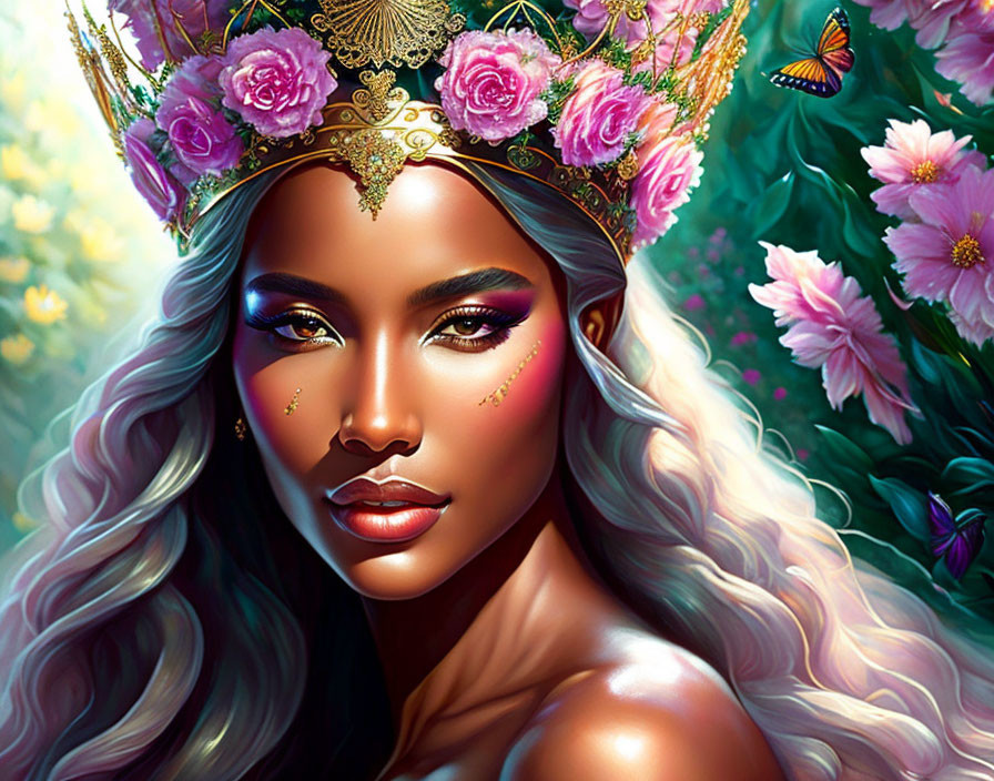 Illustrated woman with silver hair, golden crown, roses, flowers, butterfly