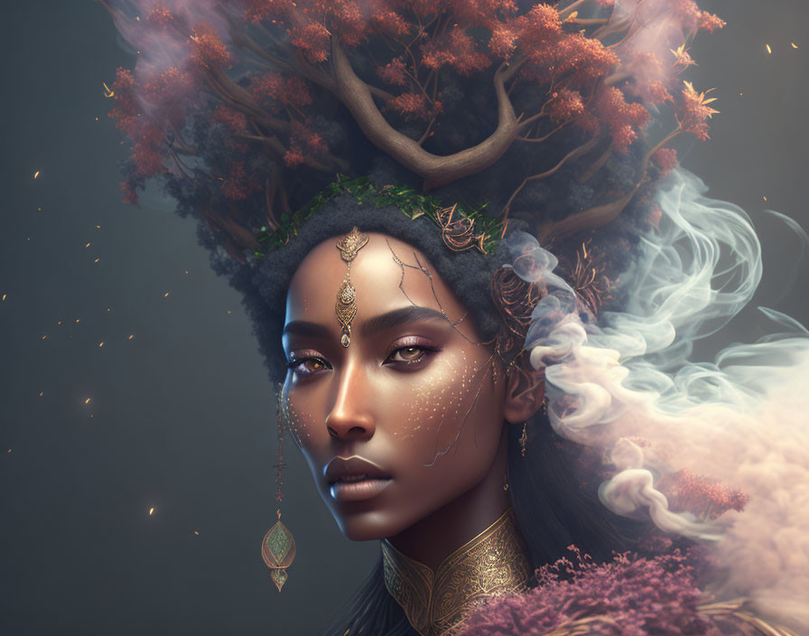 Surreal portrait of woman with trees, foliage, golden jewelry, and smoke