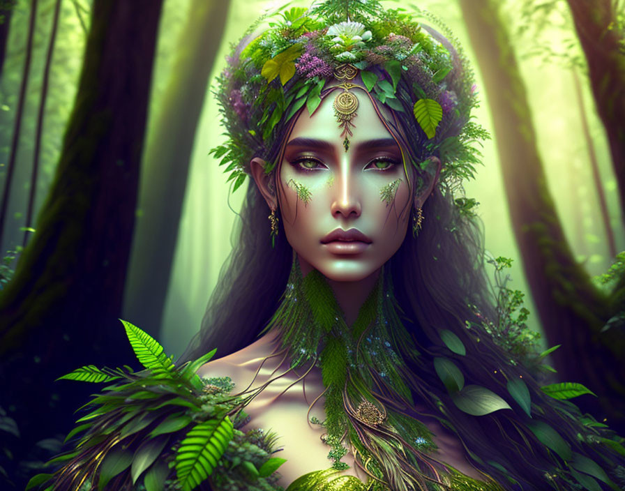 Enchanting forest nymph with foliage crown in green woodland