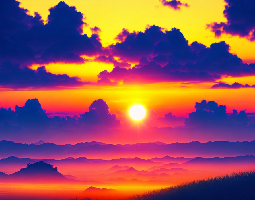 Colorful sunrise illuminating clouds and hills in a textured landscape