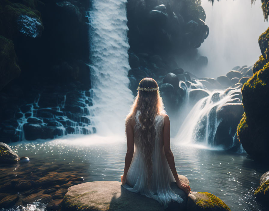 Woman in White Dress Sitting by Majestic Waterfall amid Lush Greenery