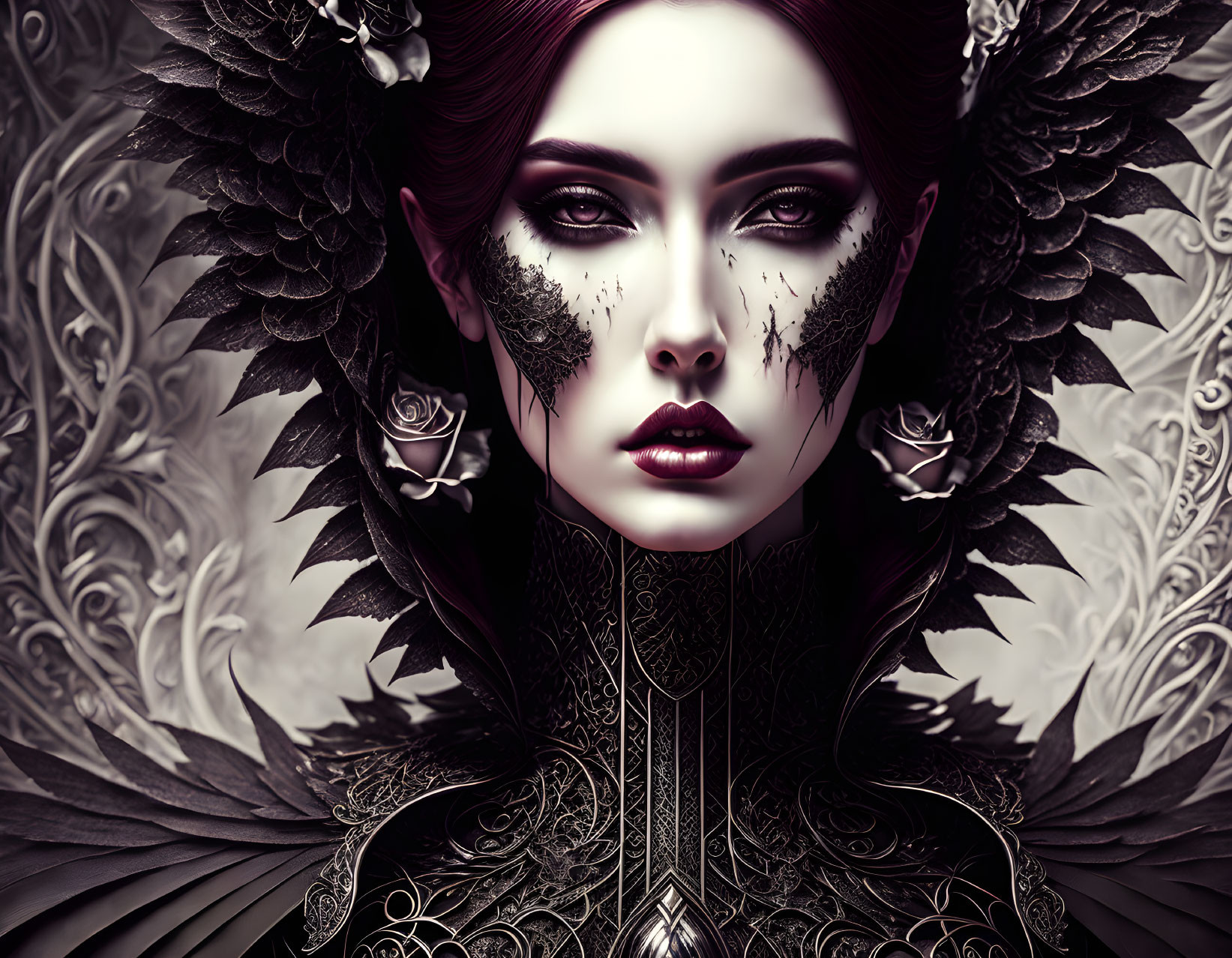 Fantastical portrait of woman with dark winged eyeliner and intricate attire