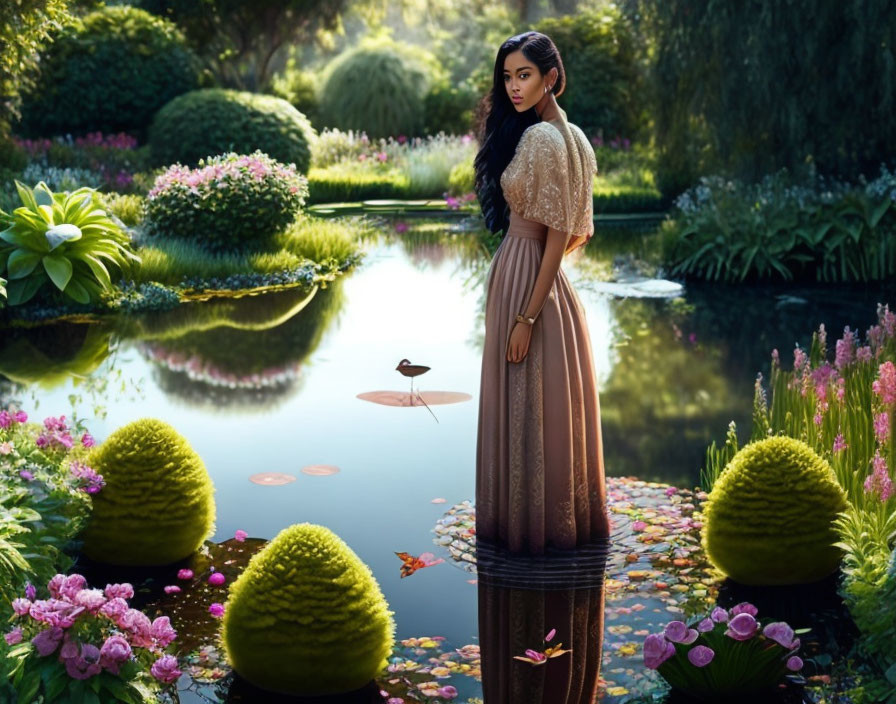 Tranquil pond scene with woman and blooming flowers