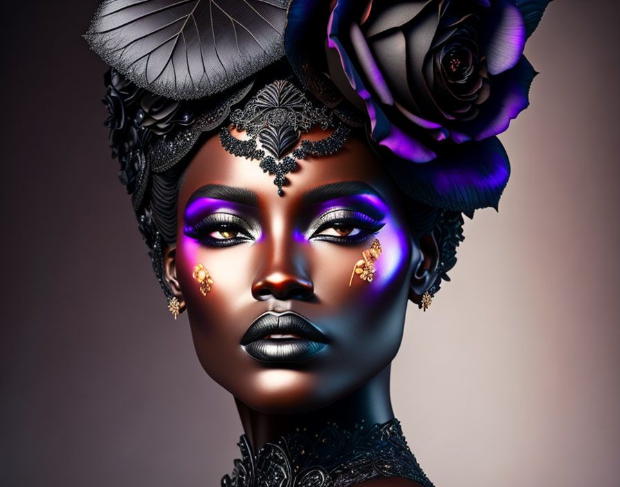 Portrait of woman with black and purple makeup, headpiece, rose, and jewelry